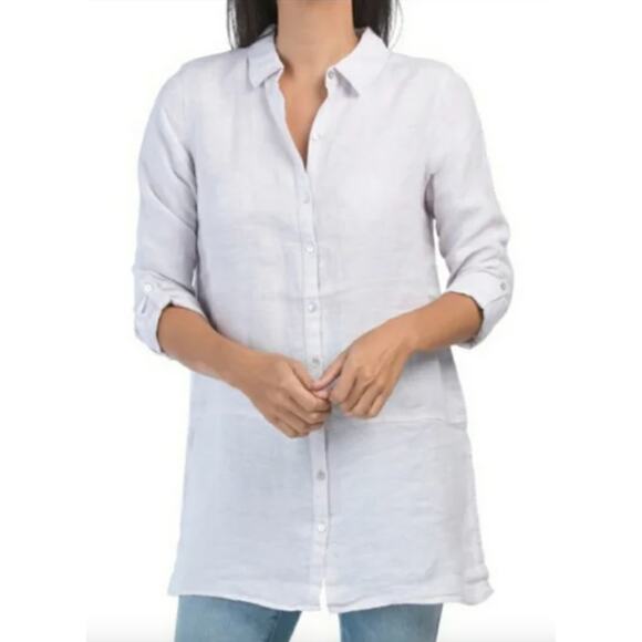 Tahari 100% Linen Button Down Tunic Top White Sz M Lagenlook Airy Relaxed - Picture 1 of 11